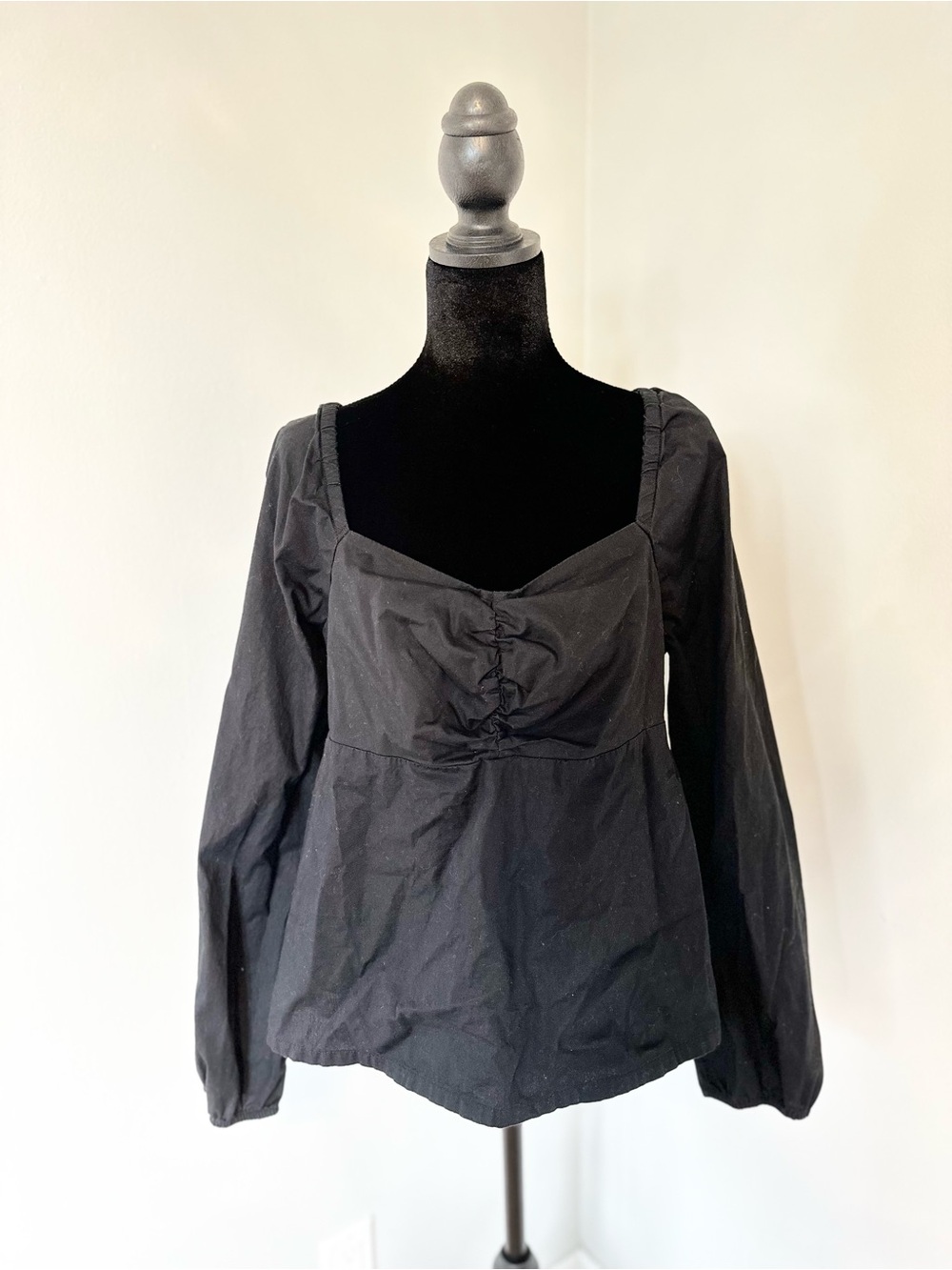 J. Crew Black Long-Sleeve Square-Neck Peplum Babydoll Blouse 98% Cotton Size 12